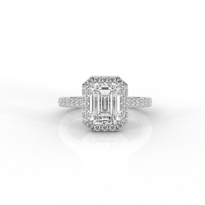 Diamond Ring Emeraldcut with Halo and Diamonds on Band